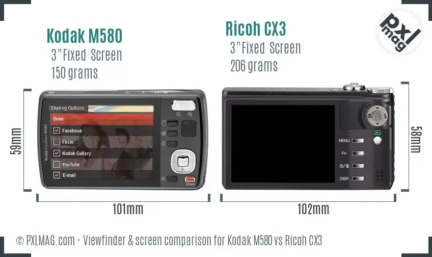 Kodak M580 vs Ricoh CX3 Screen and Viewfinder comparison