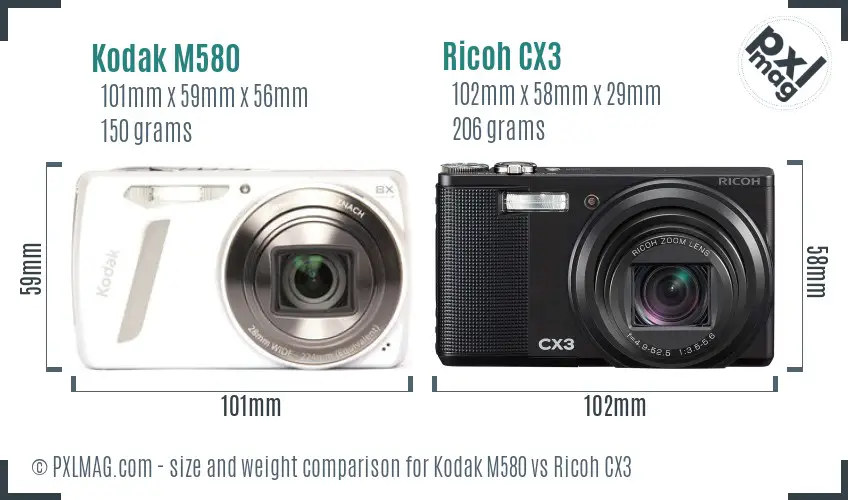 Kodak M580 vs Ricoh CX3 size comparison