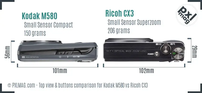 Kodak M580 vs Ricoh CX3 top view buttons comparison