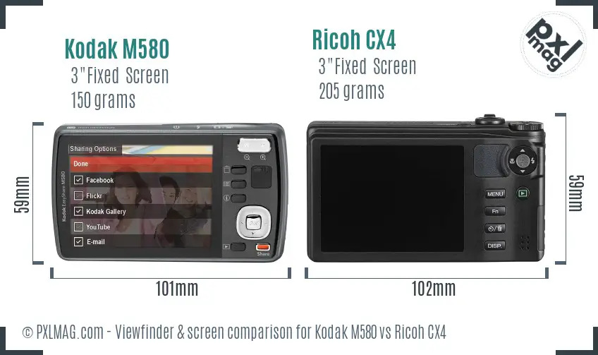Kodak M580 vs Ricoh CX4 Screen and Viewfinder comparison