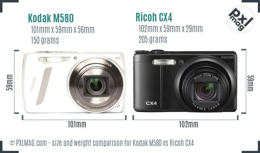 Kodak M580 vs Ricoh CX4 size comparison