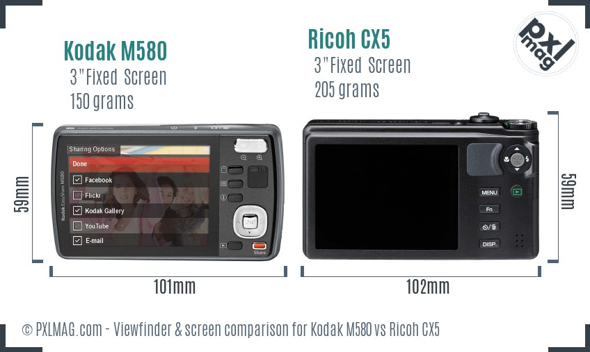 Kodak M580 vs Ricoh CX5 Screen and Viewfinder comparison