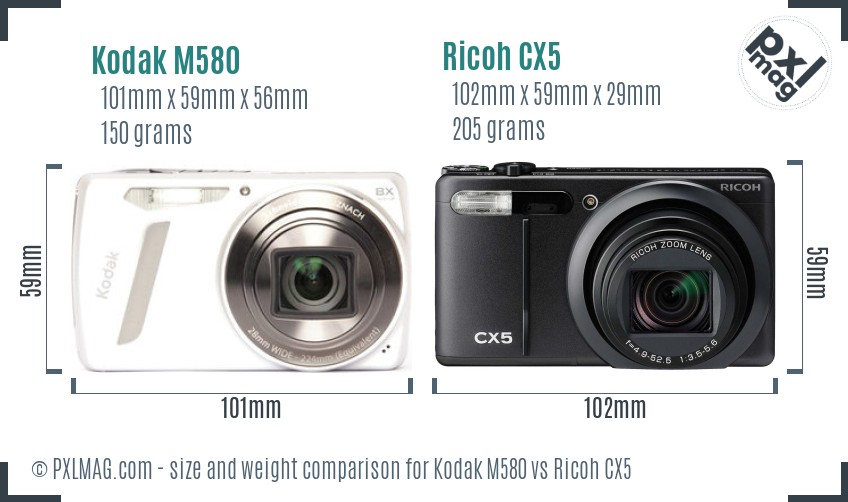 Kodak M580 vs Ricoh CX5 size comparison