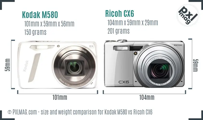 Kodak M580 vs Ricoh CX6 size comparison