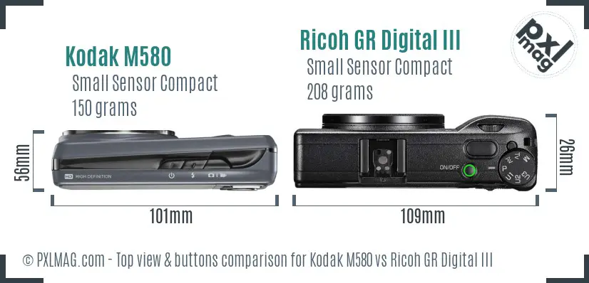 Kodak M580 vs Ricoh GR Digital III top view buttons comparison Kodak M580 vs Ricoh GR Digital III top view buttons comparison