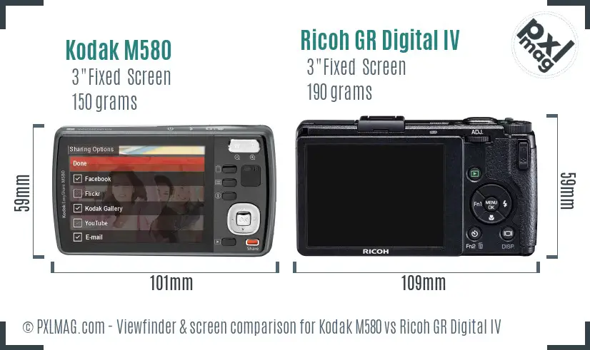 Kodak M580 vs Ricoh GR Digital IV Screen and Viewfinder comparison
