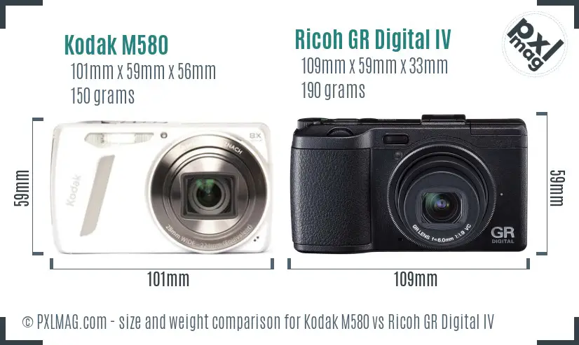 Kodak M580 vs Ricoh GR Digital IV size comparison