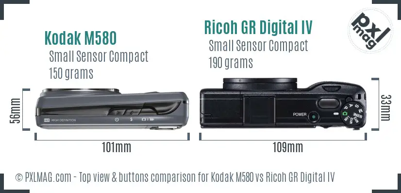 Kodak M580 vs Ricoh GR Digital IV top view buttons comparison