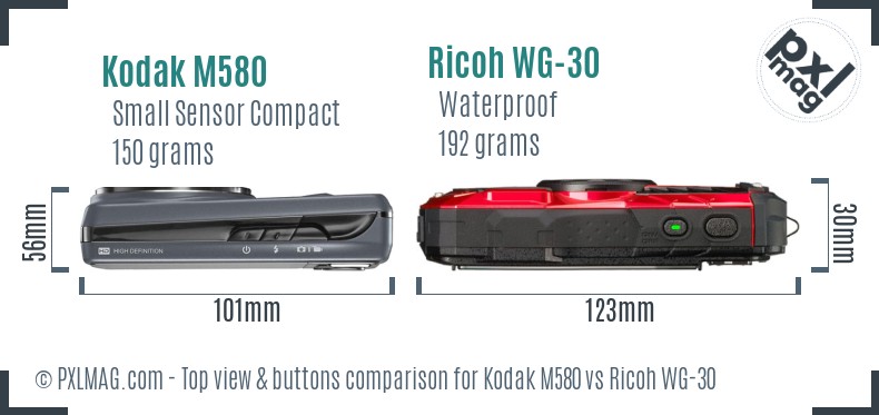 Kodak M580 vs Ricoh WG-30 top view buttons comparison