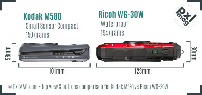 Kodak M580 vs Ricoh WG-30W top view buttons comparison