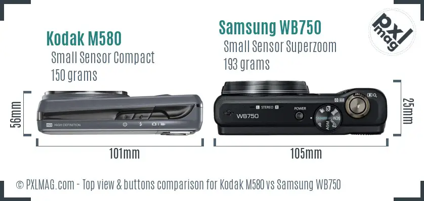 Kodak M580 vs Samsung WB750 top view buttons comparison Kodak M580 vs Samsung WB750 top view buttons comparison