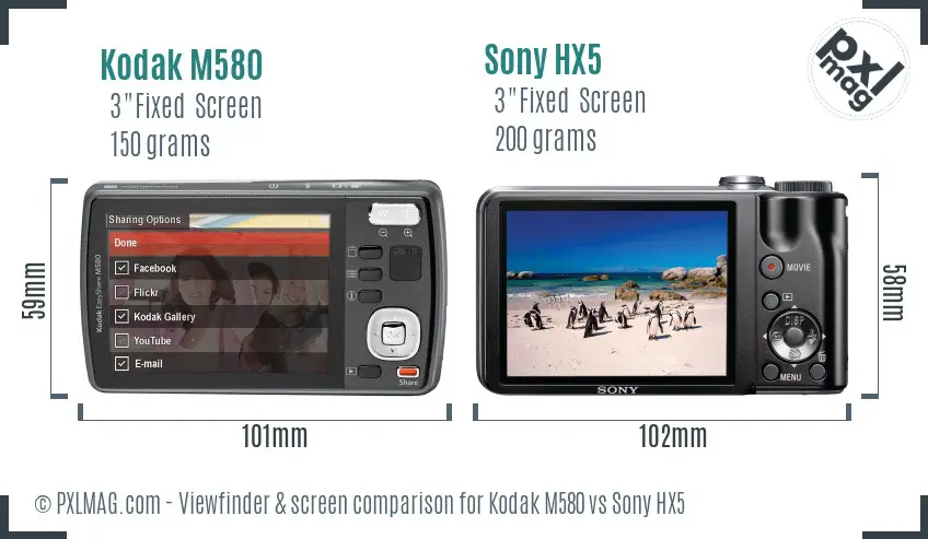 Kodak M580 vs Sony HX5 Screen and Viewfinder comparison