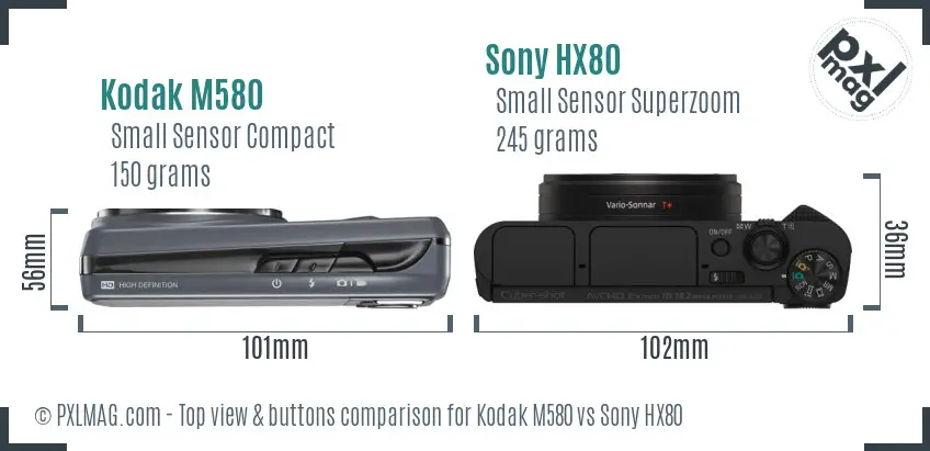 Kodak M580 vs Sony HX80 top view buttons comparison