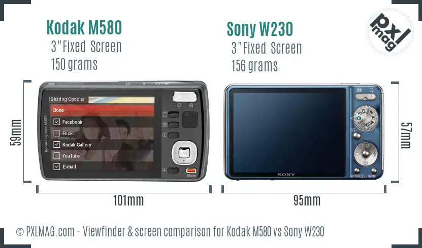 Kodak M580 vs Sony W230 Screen and Viewfinder comparison