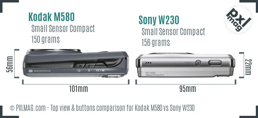 Kodak M580 vs Sony W230 top view buttons comparison