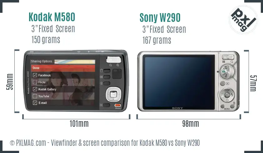 Kodak M580 vs Sony W290 Screen and Viewfinder comparison