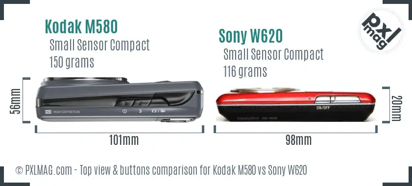 Kodak M580 vs Sony W620 top view buttons comparison