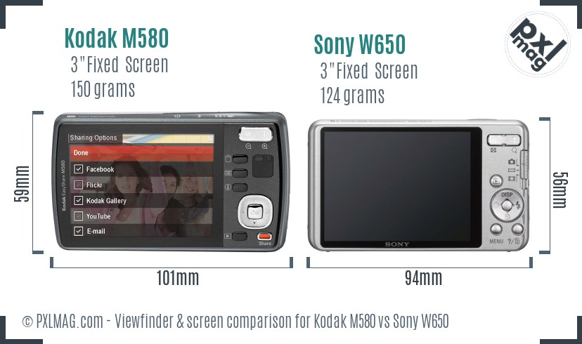 Kodak M580 vs Sony W650 Screen and Viewfinder comparison
