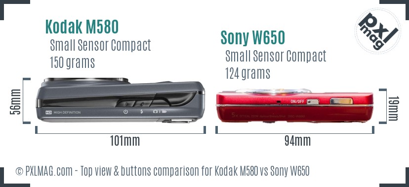 Kodak M580 vs Sony W650 top view buttons comparison