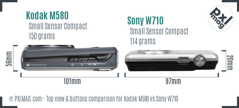 Kodak M580 vs Sony W710 top view buttons comparison