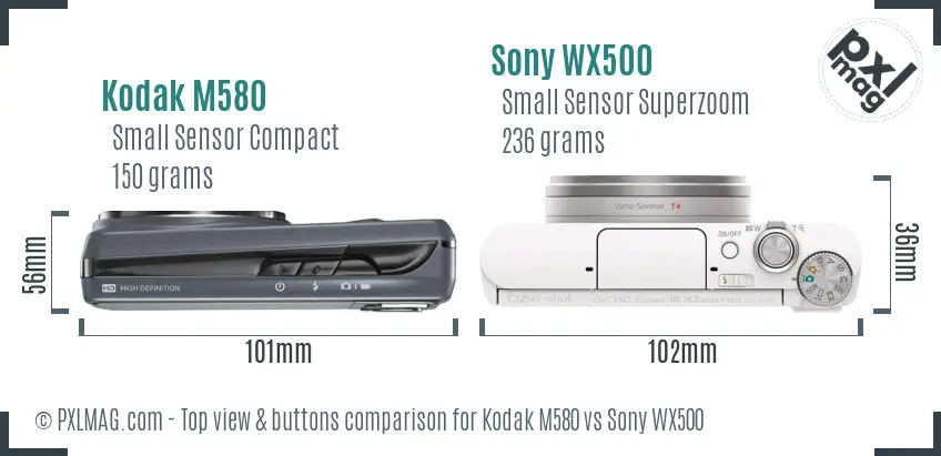 Kodak M580 vs Sony WX500 top view buttons comparison