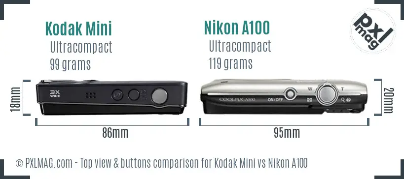 Kodak Mini vs Nikon A100 top view buttons comparison