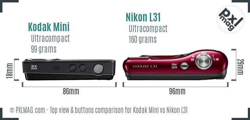 Kodak Mini vs Nikon L31 top view buttons comparison