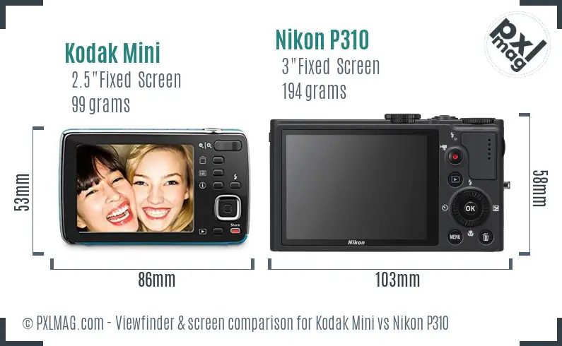 Kodak Mini vs Nikon P310 Screen and Viewfinder comparison