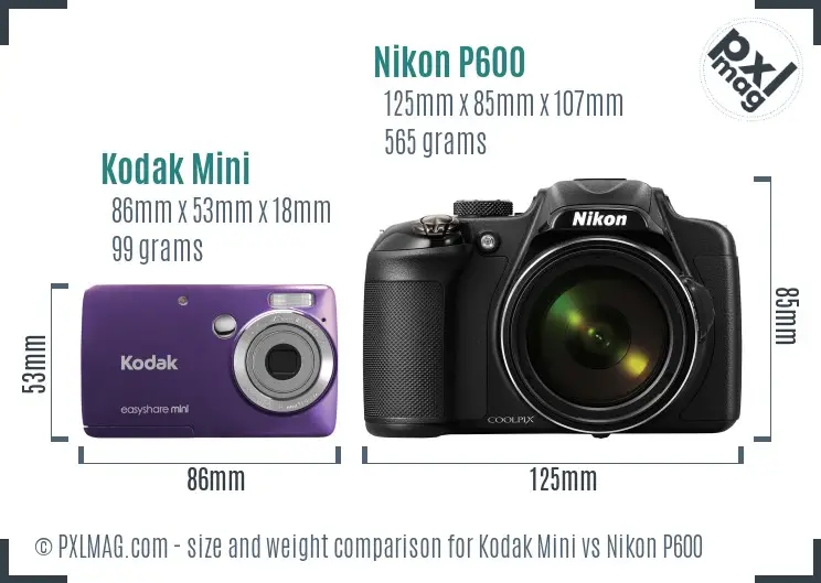 Kodak Mini vs Nikon P600 size comparison