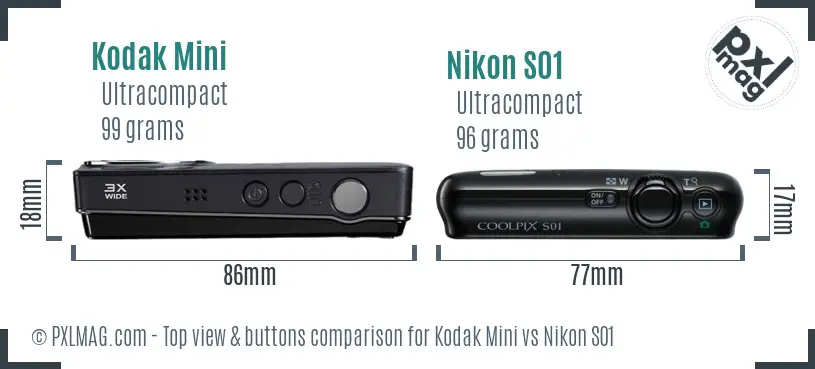 Kodak Mini vs Nikon S01 top view buttons comparison