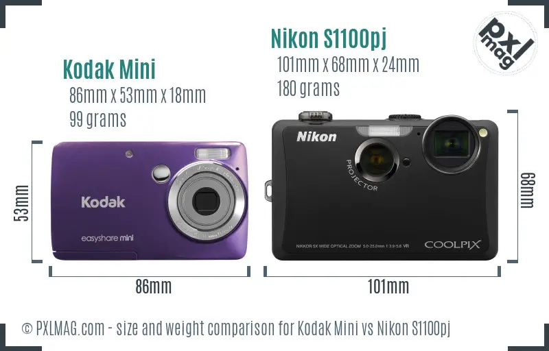 Kodak Mini vs Nikon S1100pj size comparison