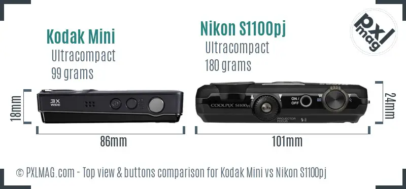 Kodak Mini vs Nikon S1100pj top view buttons comparison