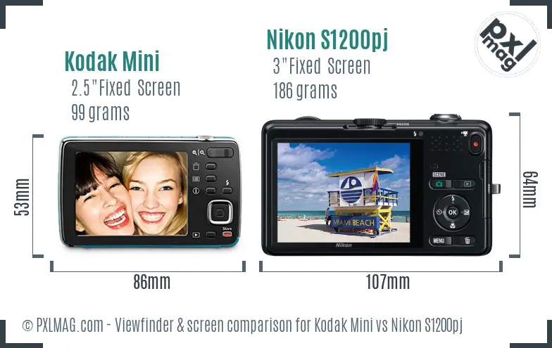 Kodak Mini vs Nikon S1200pj Screen and Viewfinder comparison