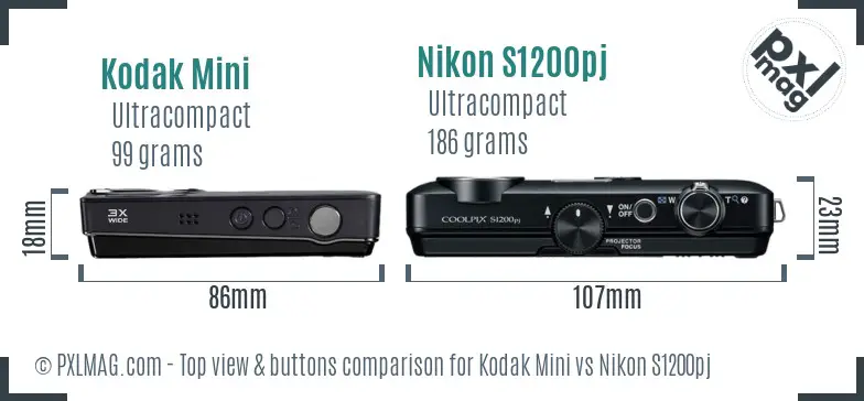 Kodak Mini vs Nikon S1200pj top view buttons comparison