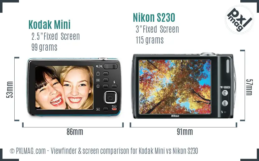 Kodak Mini vs Nikon S230 Screen and Viewfinder comparison