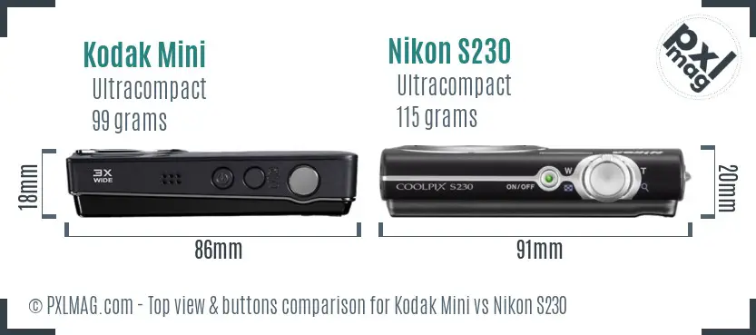 Kodak Mini vs Nikon S230 top view buttons comparison