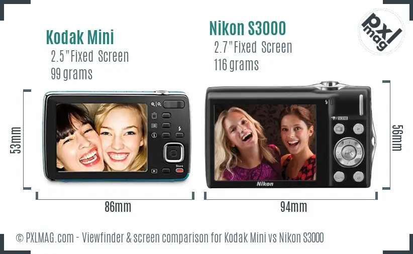 Kodak Mini vs Nikon S3000 Screen and Viewfinder comparison