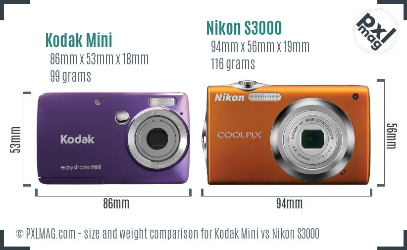 Kodak Mini vs Nikon S3000 size comparison