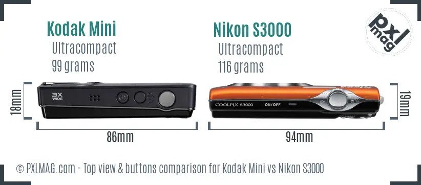 Kodak Mini vs Nikon S3000 top view buttons comparison