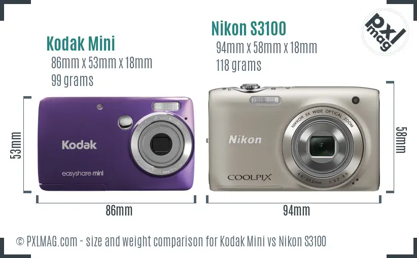 Kodak Mini vs Nikon S3100 size comparison