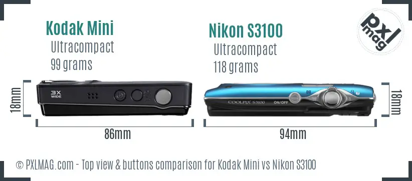 Kodak Mini vs Nikon S3100 top view buttons comparison