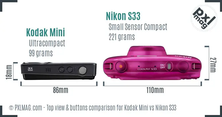 Kodak Mini vs Nikon S33 top view buttons comparison