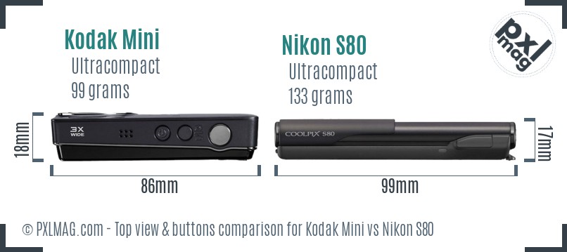 Kodak Mini vs Nikon S80 top view buttons comparison