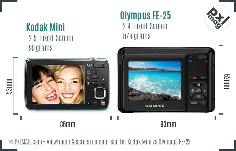 Kodak Mini vs Olympus FE-25 Screen and Viewfinder comparison