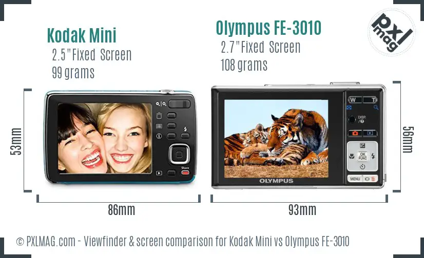 Kodak Mini vs Olympus FE-3010 Screen and Viewfinder comparison
