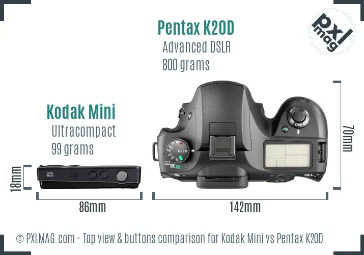 Kodak Mini vs Pentax K20D top view buttons comparison