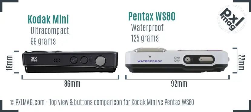 Kodak Mini vs Pentax WS80 top view buttons comparison
