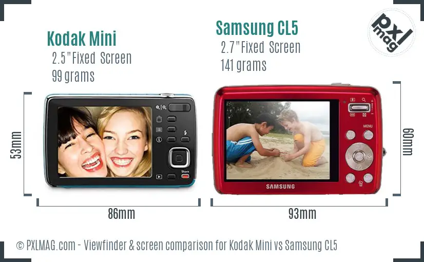 Kodak Mini vs Samsung CL5 Screen and Viewfinder comparison