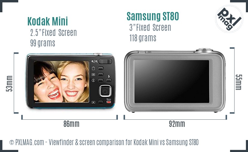 Kodak Mini vs Samsung ST80 Screen and Viewfinder comparison