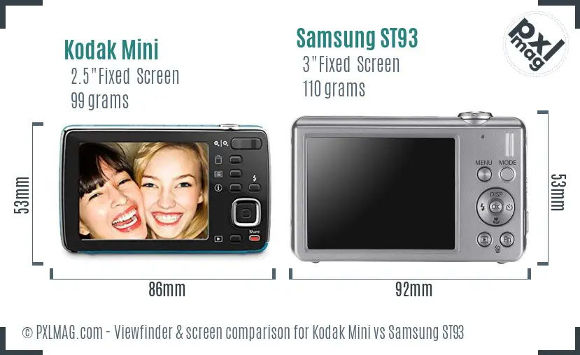 Kodak Mini vs Samsung ST93 Screen and Viewfinder comparison